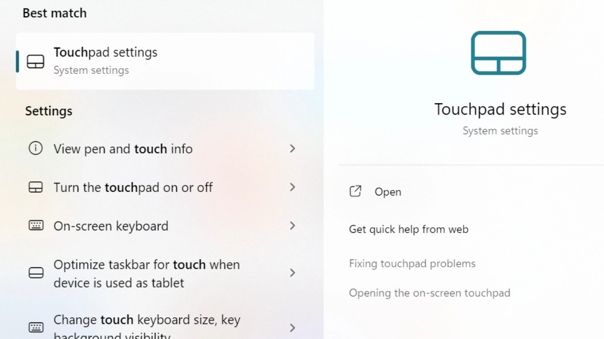 Nhấn phím Windows và gõ từ khóa touchpad để truy cập vào trình cài đặt Touchpad settings