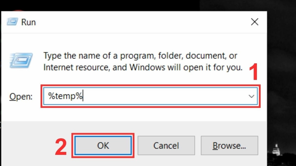 Nhấn tổ hợp phím Windows + R để mở hộp thoại Run, sau đó gõ %temp% và nhấn Enter