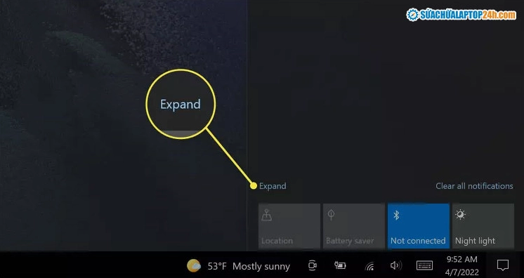 Hướng dẫn cách sử dụng chế độ máy tính bảng trên laptop chi tiết 2 Nhấn vào nút Expand để mở rộng toàn bộ các ô chức năng Action Center