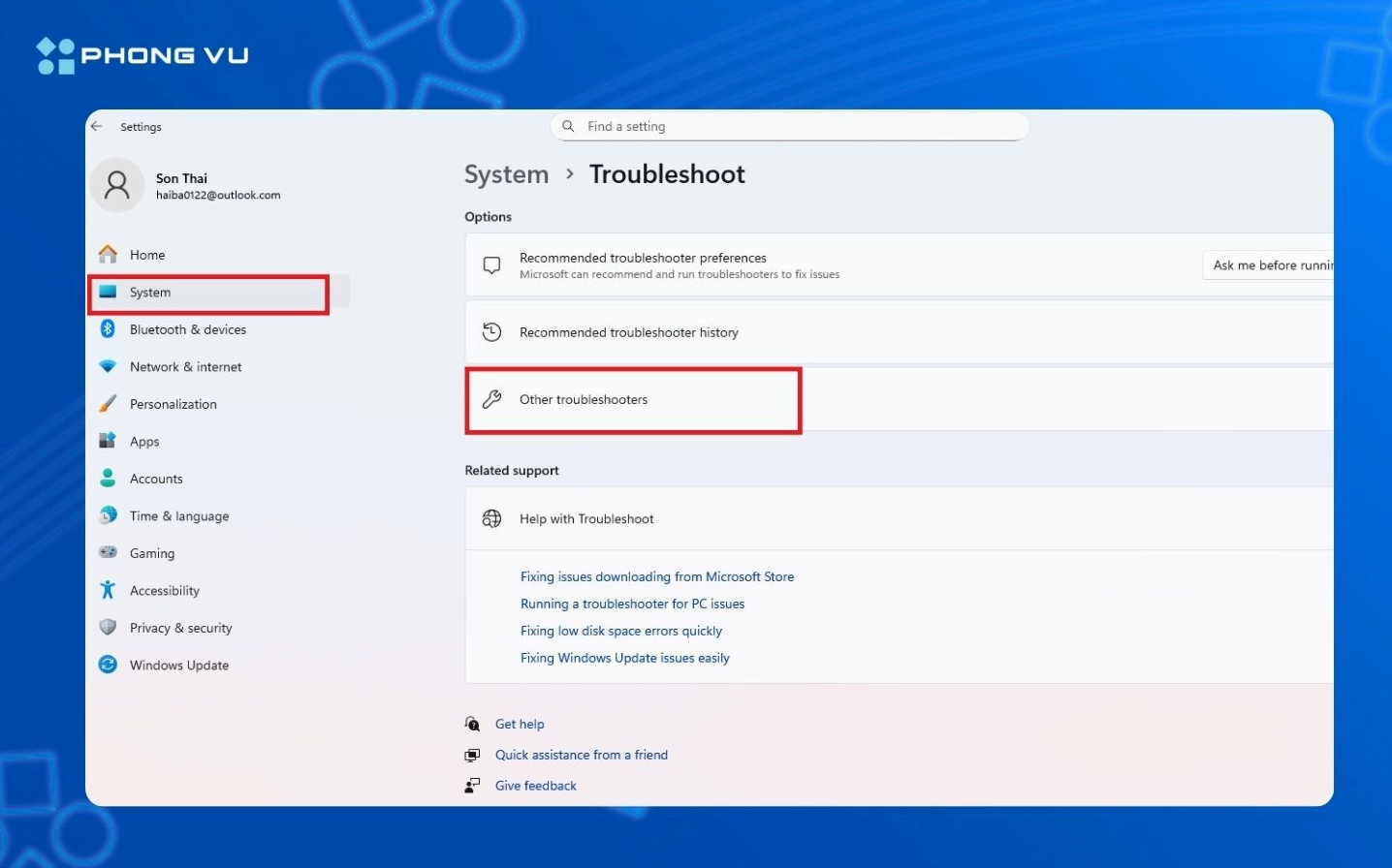 Nhấn vào System trong mục Troubleshoot chọn Other troubleshooters
