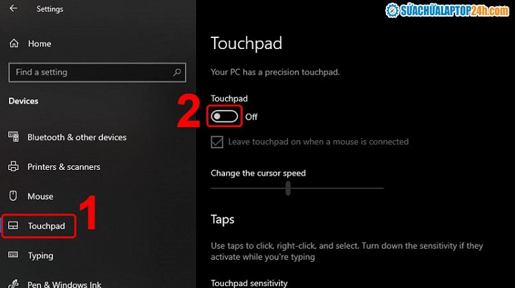 Nhấn vào thanh trượt Touchpad để tắt Off chuột cảm ứng hoặc bật On trở lại