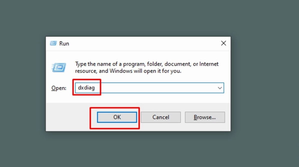 Nhập lệnh dxdiag vào hộp thoại Run trên hệ điều hành Windows