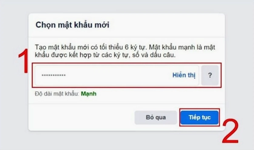 Hướng dẫn chi tiết cách khắc phục lỗi đăng nhập Facebook nhanh chóng và hiệu quả 6 Nhập mật khẩu mới và nhấn Tiếp tục để hoàn tất quy trình khôi phục tài khoản của bạn