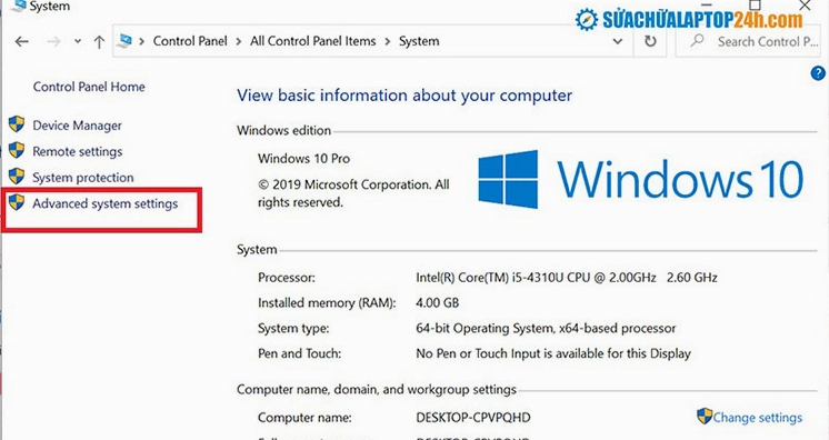 Nhấp vào mục Advanced system settings trong phần thuộc tính hệ thống để thiết lập RAM ảo
