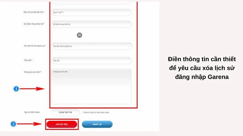 Nút chức năng Gửi hỗ trợ trên trang trung tâm chăm sóc khách hàng của Garena