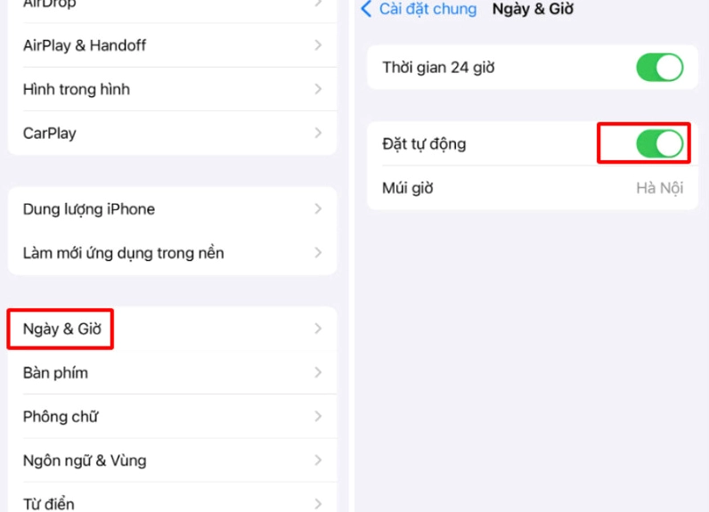 Hướng dẫn chi tiết cách sửa lỗi không đăng nhập được Zalo trên điện thoại 5 Nút gạt bật tùy chọn Đặt tự động trong phần Ngày và giờ trên iOS