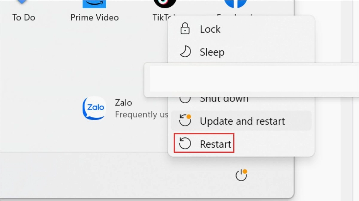 Nút Restart trong menu Start của hệ điều hành Windows