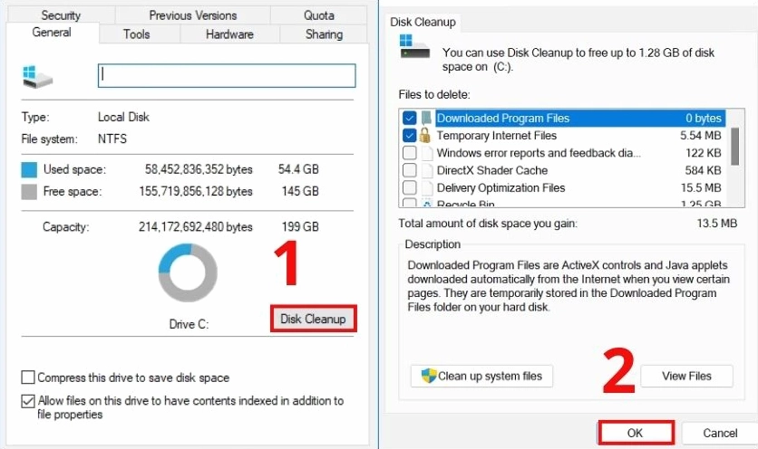 Sử dụng công cụ Disk Cleanup tích hợp sẵn trong Windows để dọn dẹp các tệp tin rác