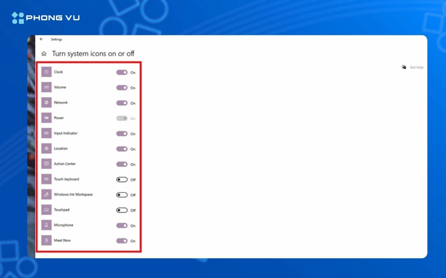 Tại Turn system icons on or off tìm mục Volume và gạt sang On