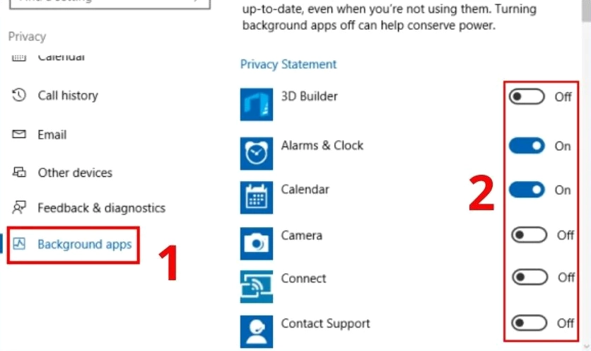 Tắt các ứng dụng chạy nền trong phần cài đặt Background apps của Windows