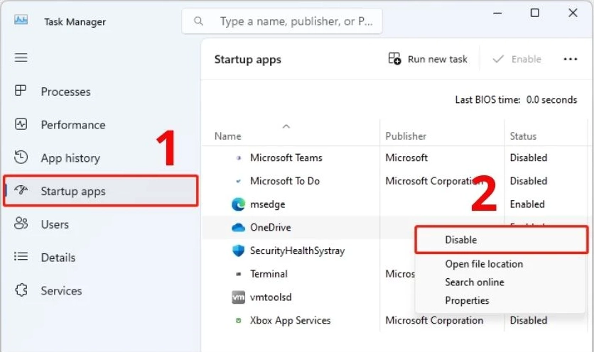 Tắt các ứng dụng không cần thiết trong tab Startup của Task Manager