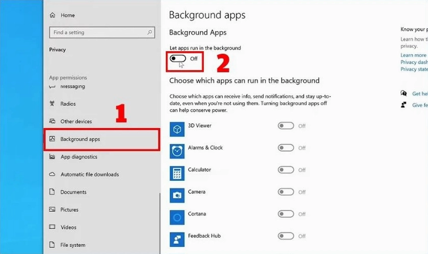 Tắt tính năng ứng dụng chạy ngầm Let apps run in the background trong Windows