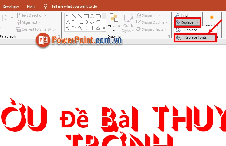 Thao tác chọn công cụ Replace Fonts trong menu thả xuống