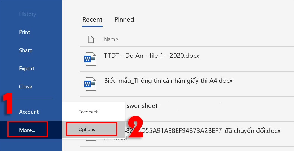 Hướng dẫn chi tiết cách sửa lỗi chính tả trên máy tính Windows nhanh chóng 4 Thao tác chọn mục More rồi tiếp tục chọn Options trong phần mềm Microsoft Word