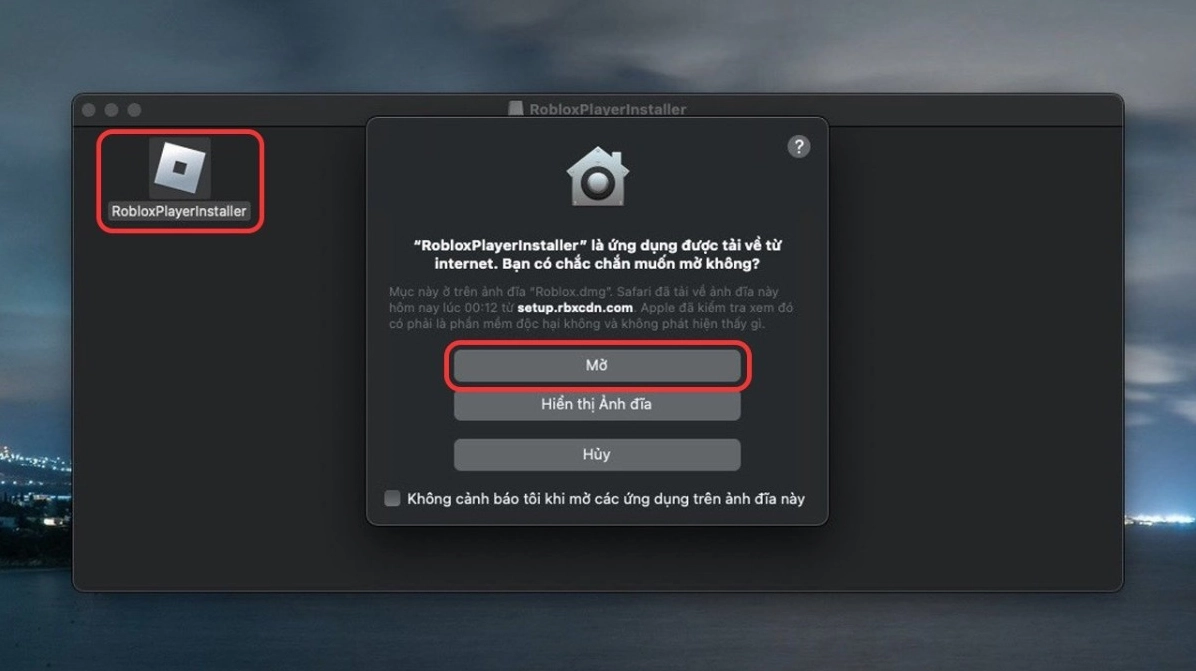 Thao tác chọn RobloxPlayerInstaller và Mở ứng dụng
