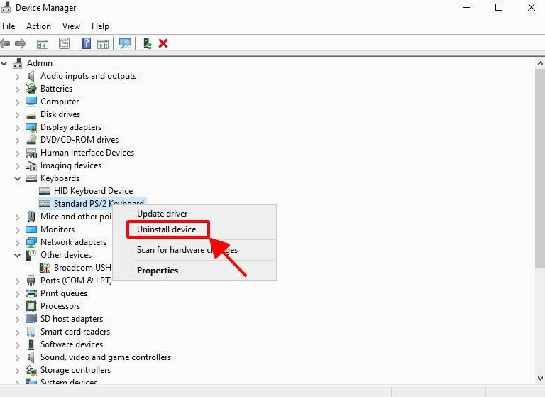 Thao tác chọn Uninstall device trong cửa sổ Device Manager trên hệ điều hành Windows