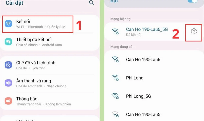 Thao tác chọn vào biểu tượng bánh răng ở mục mạng Wi-Fi đã kết nối
