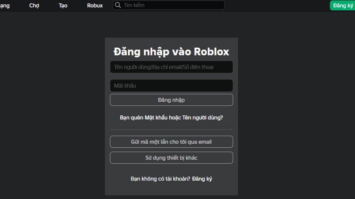 Thao tác đăng nhập hoặc đăng ký vào nền tảng Roblox