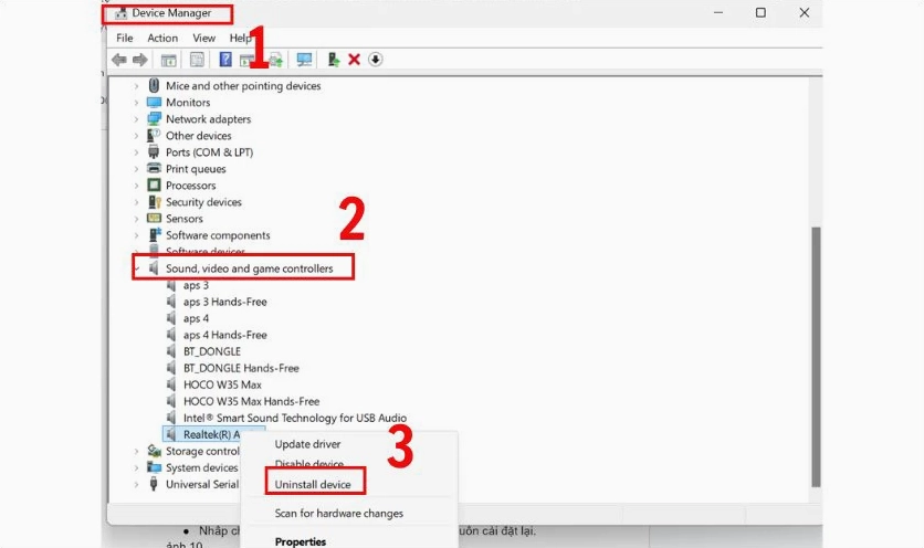 Thao tác gỡ cài đặt và cài lại driver âm thanh trong Device Manager