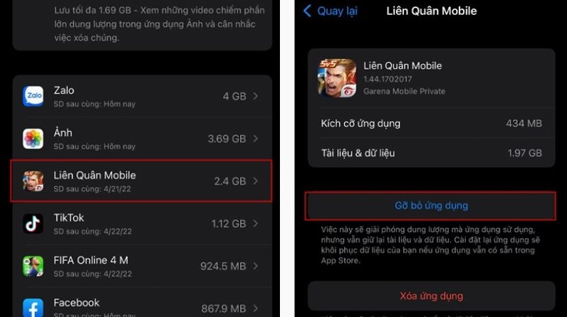 Thao tác gỡ và cài đặt lại ứng dụng Liên Quân Mobile để sửa các lỗi dữ liệu nghiêm trọng