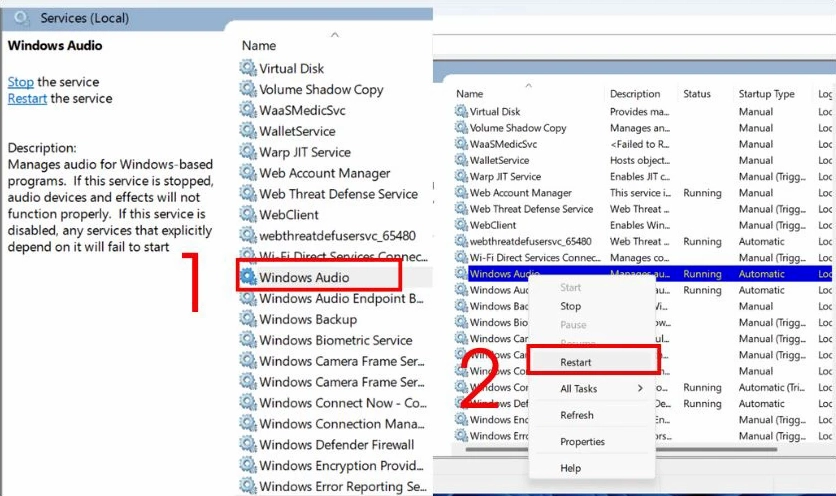 Thao tác khởi động lại dịch vụ âm thanh Windows Audio Services trong hệ thống
