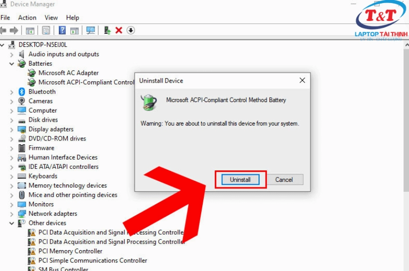 Thao tác nhấn chuột phải và chọn mục Uninstall device để gỡ cài đặt driver quản lý pin