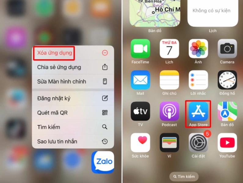 Hướng dẫn chi tiết cách sửa lỗi không đăng nhập được Zalo trên điện thoại 7 Thao tác nhấn giữ biểu tượng và chọn Xoá ứng dụng Zalo trên màn hình điện thoại iPhone