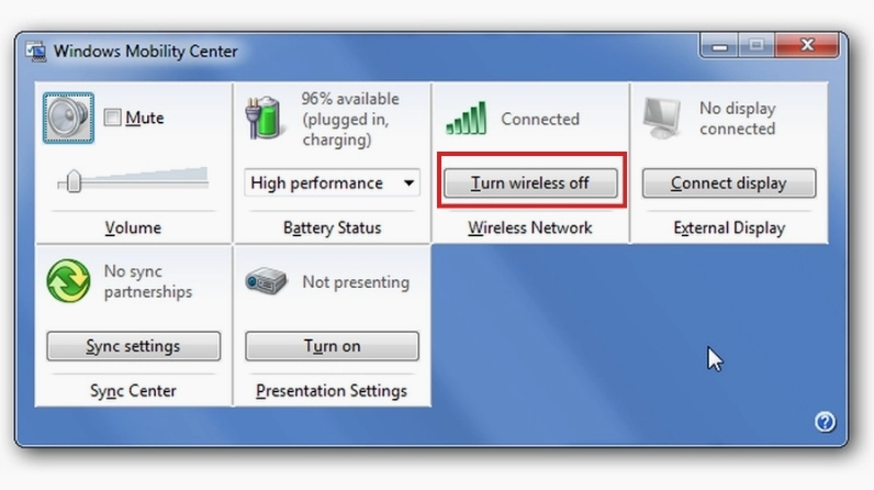 Hướng dẫn chi tiết cách mở wifi trên laptop dell nhanh chóng và hiệu quả 6 Thao tác nhấn nút kích hoạt mạng không dây bên trong giao diện ứng dụng Mobility Center