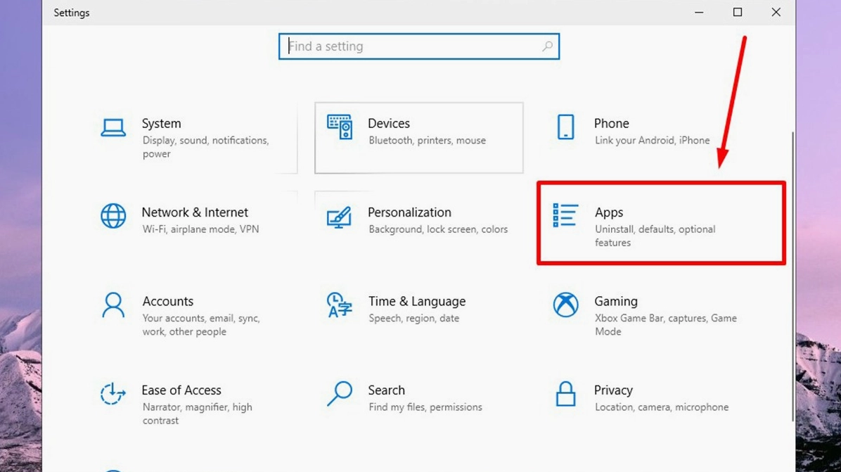 Thao tác nhấp chuột vào phần quản lý Apps bên trong hệ thống Settings