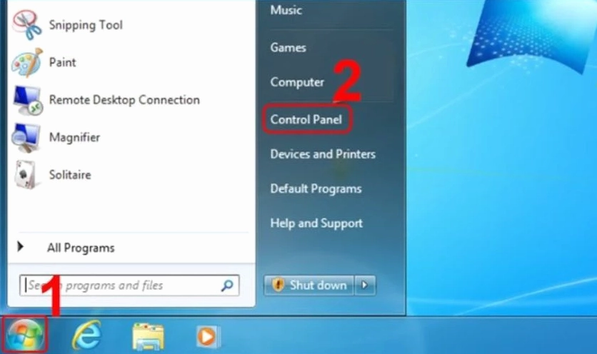 Thao tác tìm kiếm và truy cập vào công cụ Control Panel từ menu Start của hệ điều hành Windows