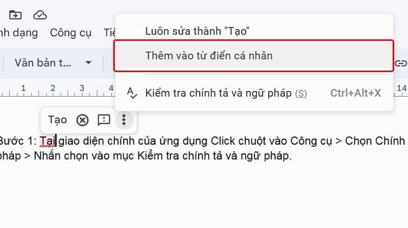 Thêm từ ngữ mới vào từ điển khi tự động kiểm tra và sửa lỗi chính tả trên ứng dụng Google Docs