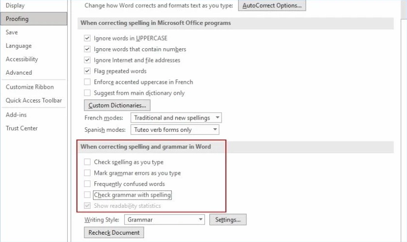 Hướng dẫn sửa lỗi gạch đỏ trong word 2016 đơn giản và nhanh chóng nhất 4 tick bỏ chọn các phần check chính tả trong word