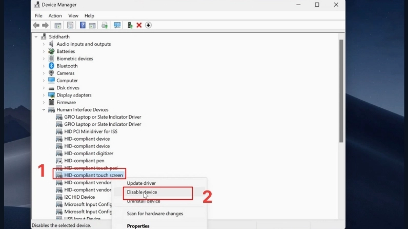 Hướng dẫn chi tiết cách tắt cảm ứng màn hình laptop hiệu quả trên hệ điều hành Windows 4 Tìm mục HID-Compliant Touch Screen sau đó click chuột phải và chọn Disable