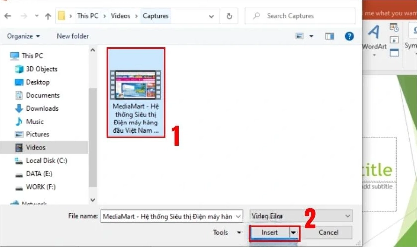 Tìm và chọn video muốn chèn, nhấn Insert