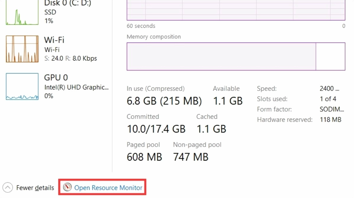 Trong mục Performance, bạn nhấn chọn Open Resource Monitor để kiểm tra