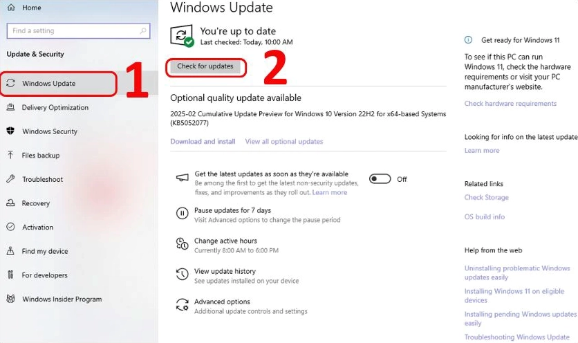 Trong mục Windows Update nhấn Check for updates