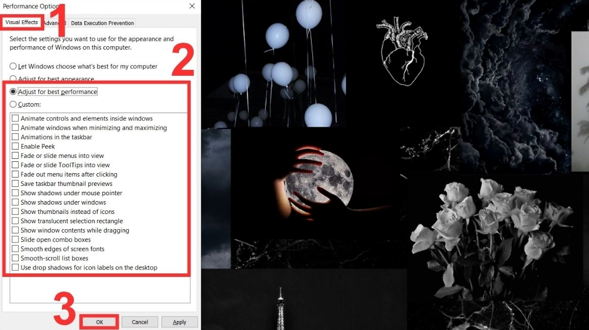 Trong tab Visual Effects, bạn chọn Adjust for best performance