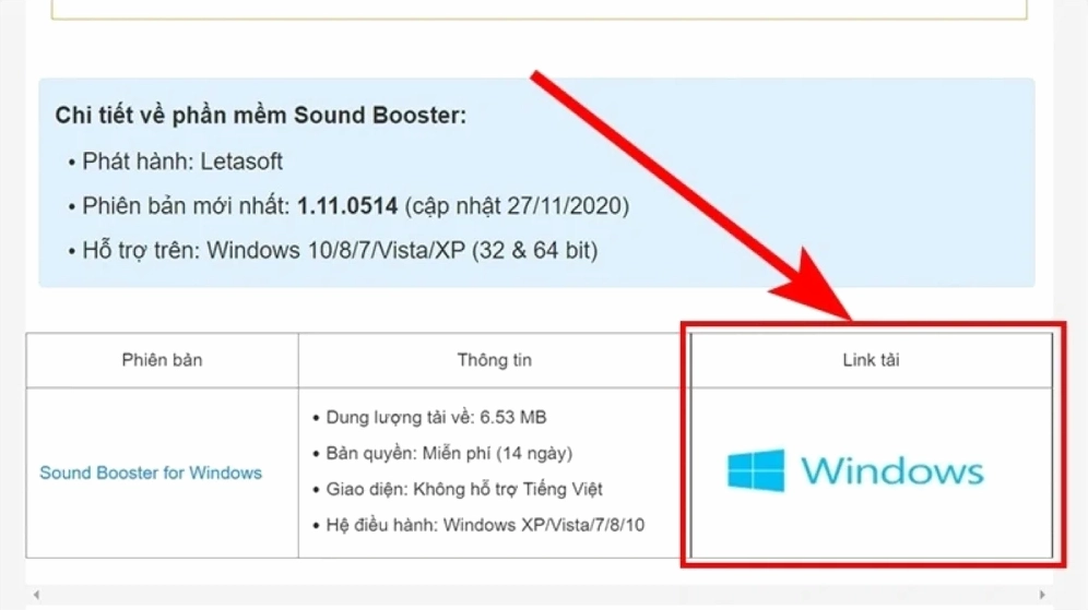 Truy cập trang chủ của phần mềm Sound Booster và tiến hành tải phiên bản phù hợp với máy tính