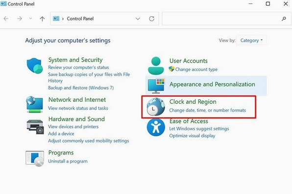 Truy cập vào mục cài đặt hệ thống Clock and Region trên hệ điều hành Windows