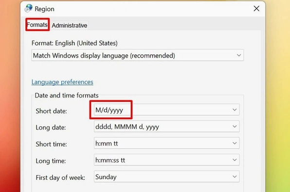 Tùy chỉnh định dạng ngày tháng chi tiết bên trong cửa sổ Format