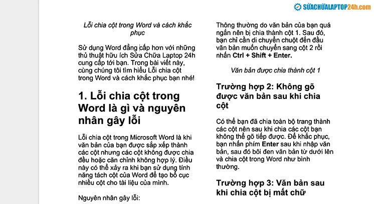 Hướng dẫn chi tiết cách sửa lỗi chia cột trong word cực kỳ nhanh chóng và hiệu quả 2 Văn bản sau khi chia cột bị mất chữ