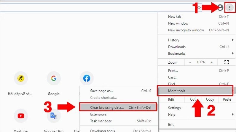 Hướng dẫn chi tiết cách sửa lỗi ssl trên trình duyệt chrome hiệu quả 5 Vào phần công cụ khác để chọn tính năng xóa dữ liệu duyệt web