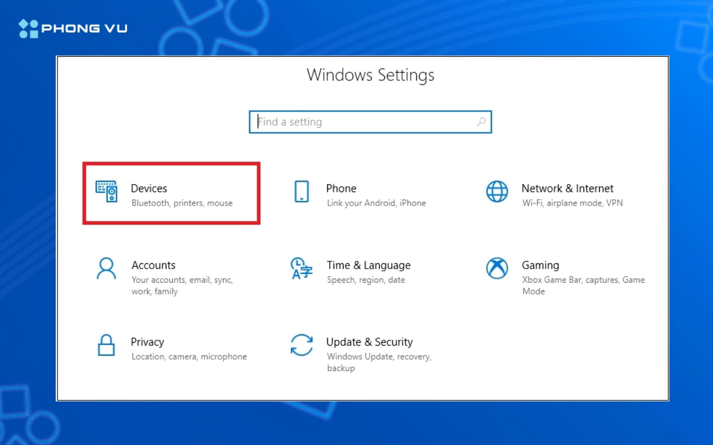 Hướng dẫn cách tắt chuột cảm ứng trên laptop nhanh gọn nhất 3 Vào phần Settings trên Windows và chọn mục Devices để thiết lập