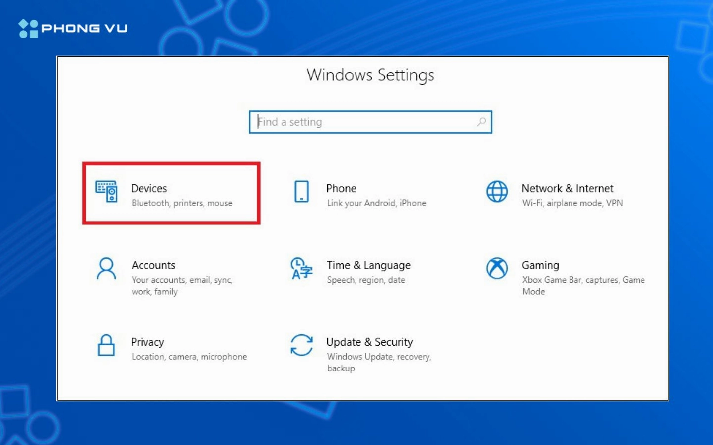Hướng dẫn chi tiết cách mở chuột cảm ứng trên laptop asus nhanh chóng 3 Vào Settings và chọn Devices