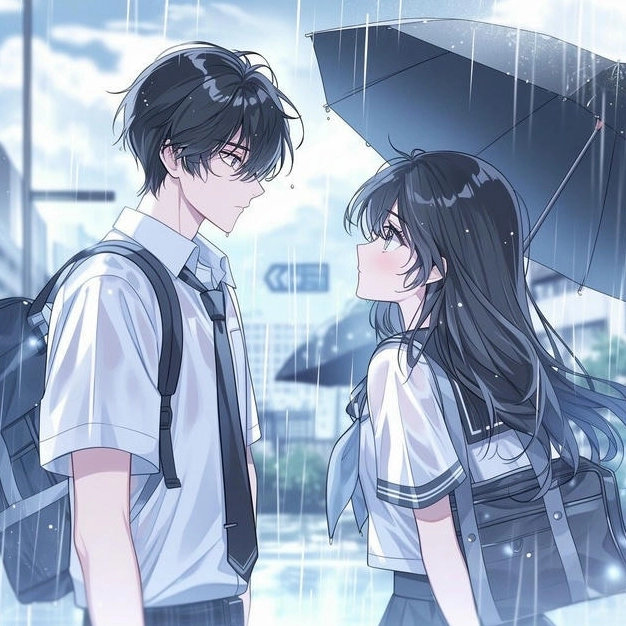 Ảnh anime học đường cặp đôi che ô đi dưới trời mưa
