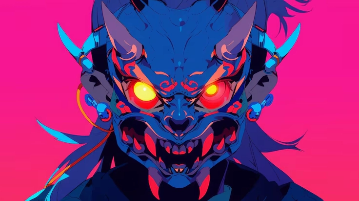 Cận cảnh bộ sưu tập ảnh anime monster ấn tượng và quái dị nhất 2 Ảnh anime monster mang phong cách cyberpunk với mặt nạ Oni và hiệu ứng neon