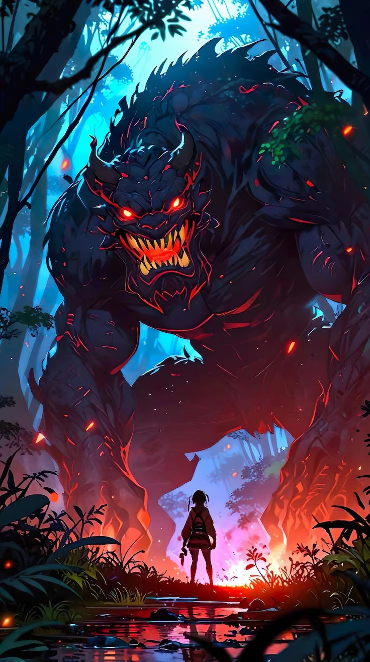 Cận cảnh bộ sưu tập ảnh anime monster ấn tượng và quái dị nhất 9 Ảnh anime monster trong rừng rậm với cậu bé đối diện