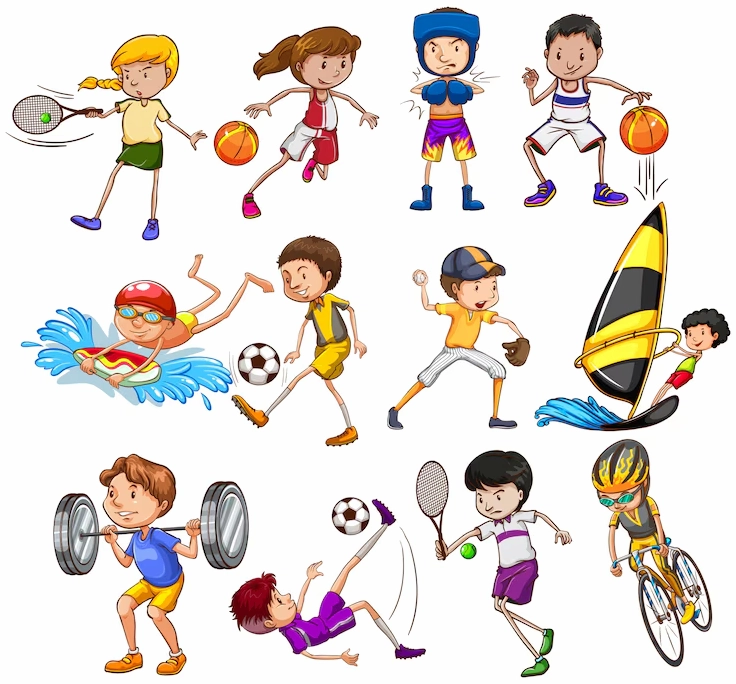 Ảnh anime thể thao minh họa nhiều trẻ em chơi các môn thể thao khác nhau