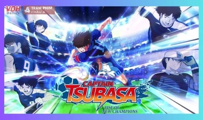 Ảnh anime thể thao với nhân vật huyền thoại Captain Tsubasa đang sút bóng