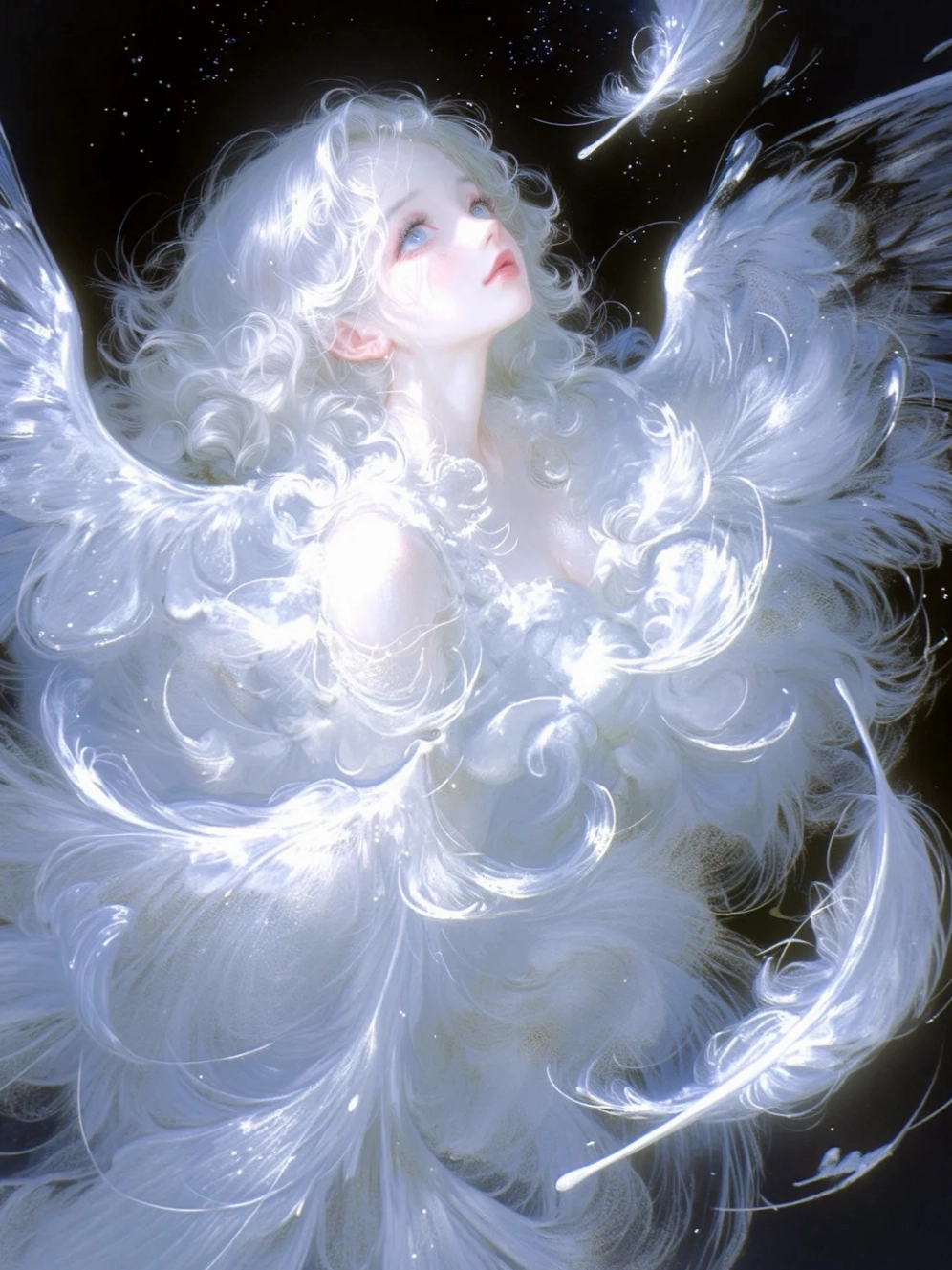 Ảnh anime thiên thần nữ đứng giữa không gian huyền ảo với ánh sáng rực rỡ